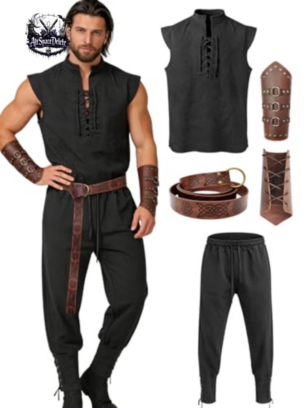 Men's Renaissance Costume 4PCS Lace-Up Shirt Pants Belt Bracers LARP